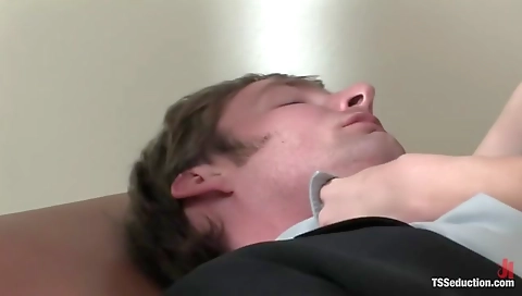 Busty trans cougar fucks her friend on his big dick