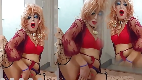 Horny shemale gets naked and masturbates with her favorite dildo