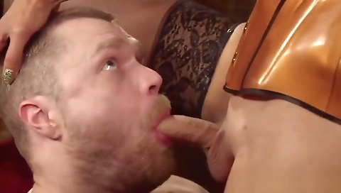 Busty shemale gets a deepthroated blowjob from a dude